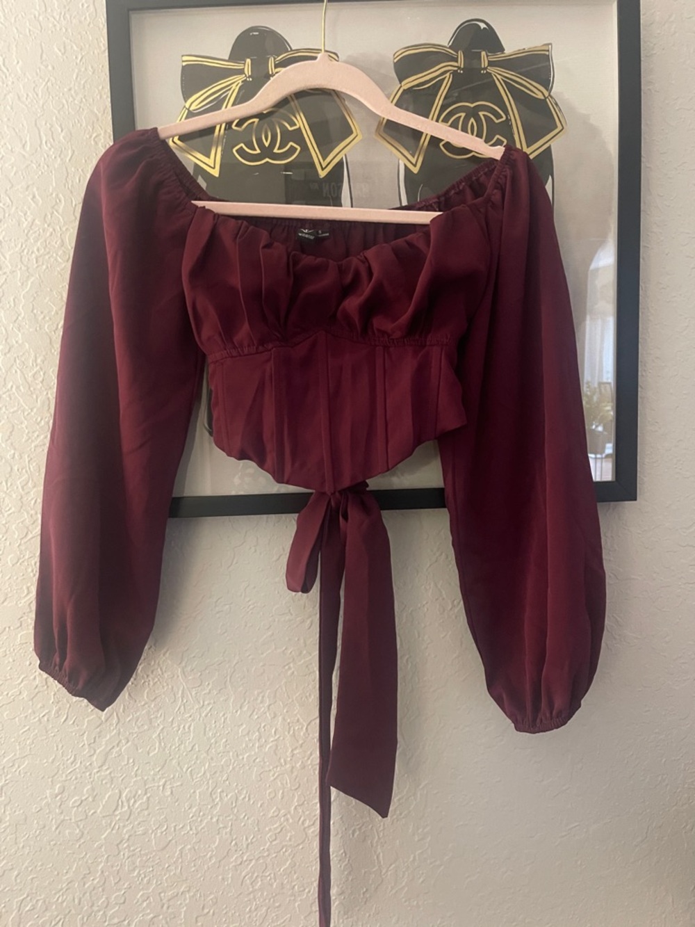 Windsor Burgundy Off-Shoulder Tie-Front Crop Blouse